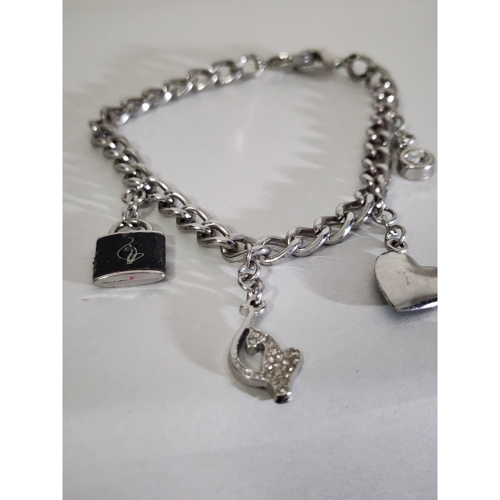 Silver Tone Cat Lover Charm Bracelet Rhinestone Kitty Heart Lock Crystal Charm